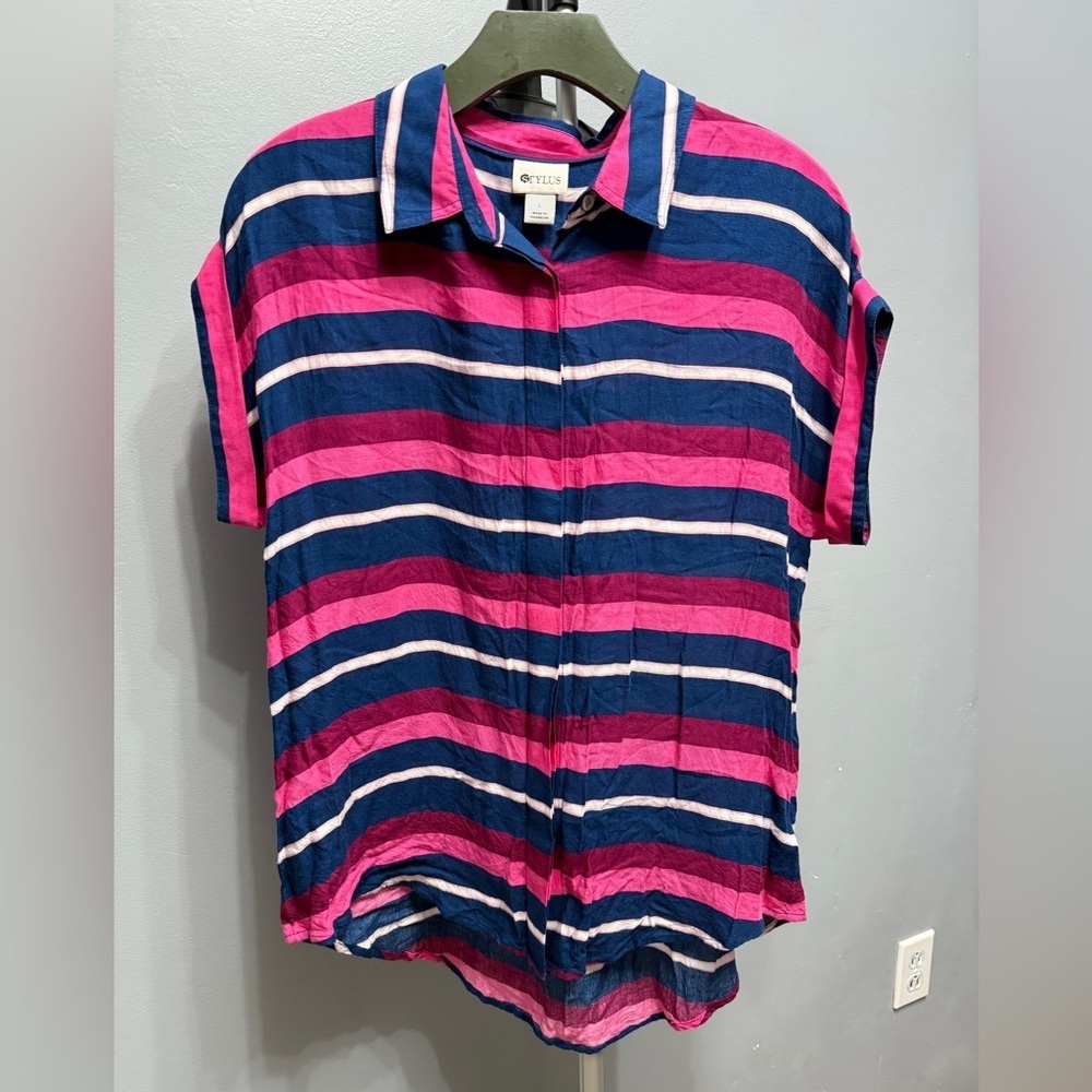 STYLUS Pink and Blue Striped hide buttons front large